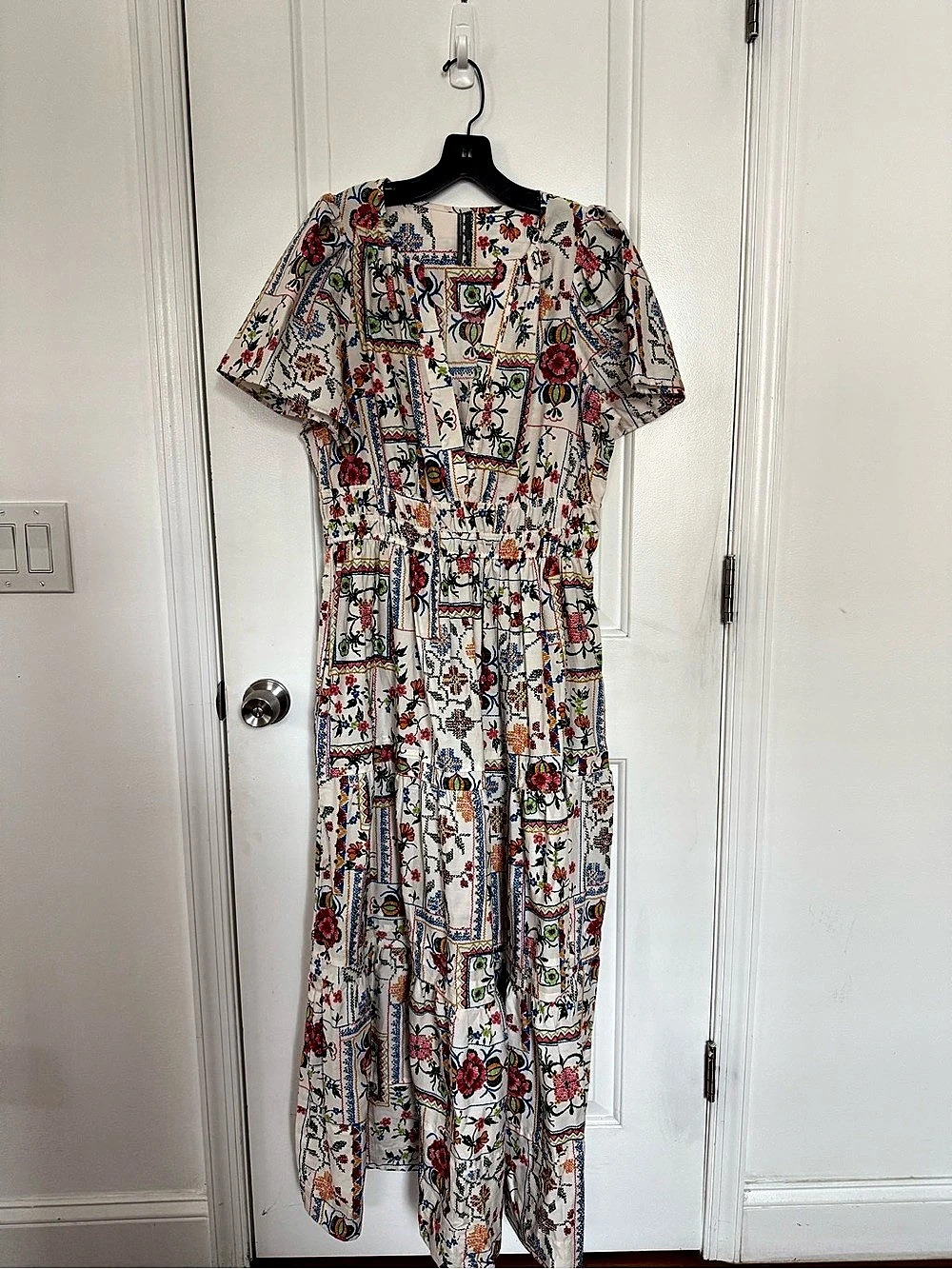 Anthropologie White Floral Patchwork Short Sleeve Maxi Dress